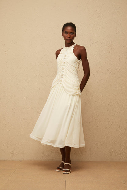 Martha White Faux Pearl Ruched Midi Dress