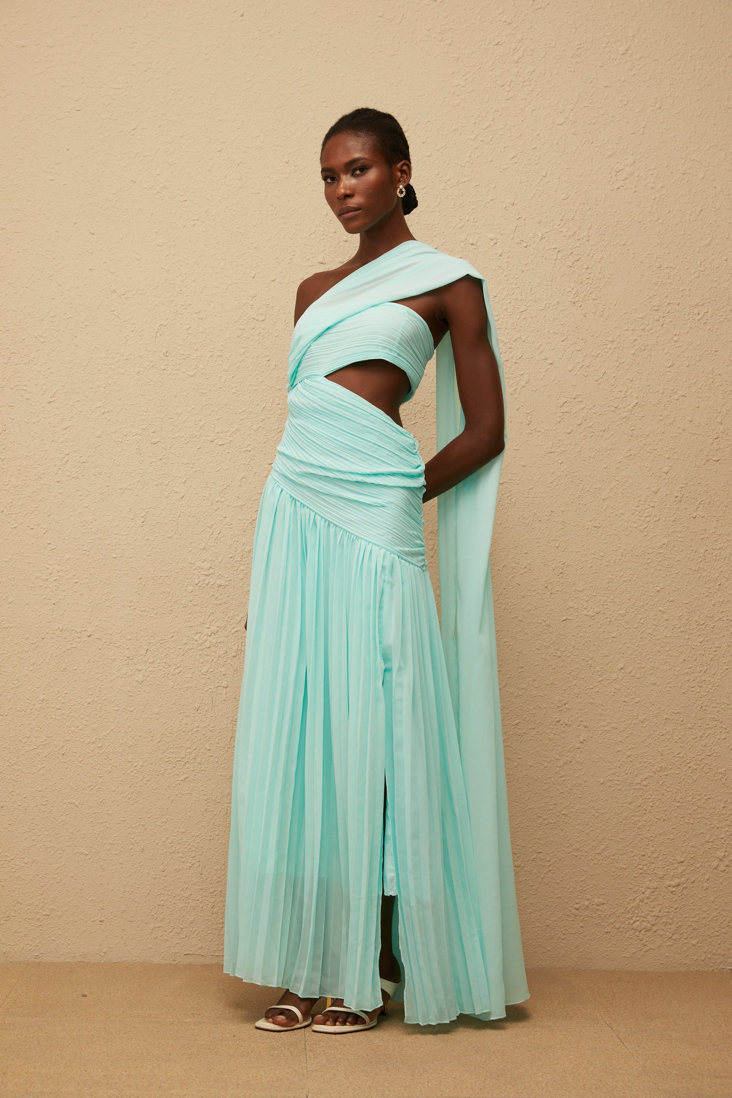 Katerina Mint Green Asymmetrical Pleated Maxi Dress