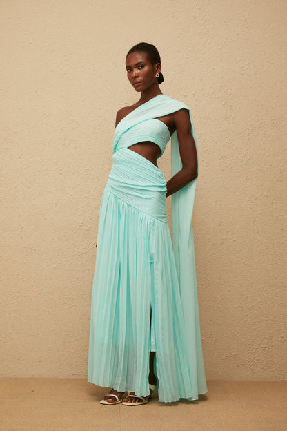 Katerina Mint Green Asymmetrical Pleated Maxi Dress