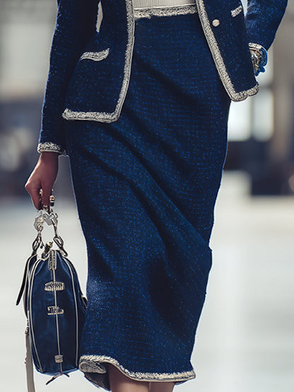 Elegant And Exquisite Blue Lapel Tweed Jacket And Skirt Set