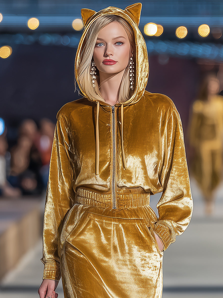 Fashionable And Playful Gold Velvet Cat Zipper Hooded Slit Midi Dress