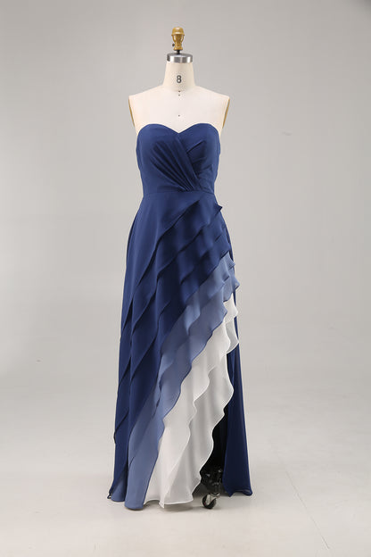 Formal Evening Dress Blue Ombre Strapless Multi-Layered Maxi Dress