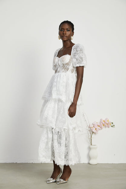 Mélisande white lace tiered midi dress