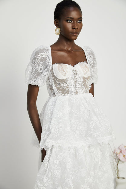 Mélisande white lace tiered midi dress