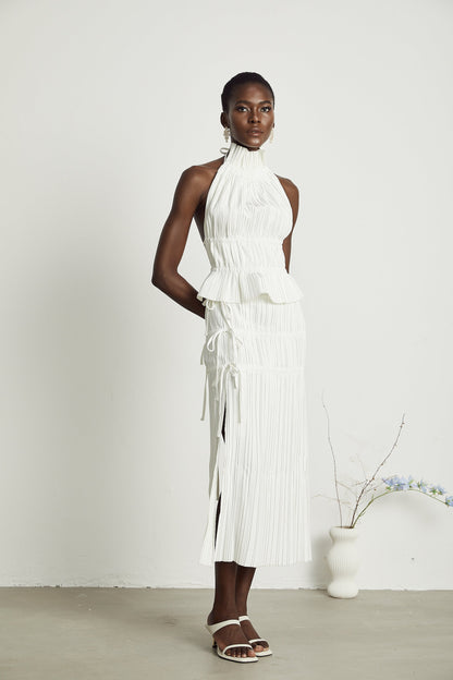 Milisent open-back pleated top & skirt matching set