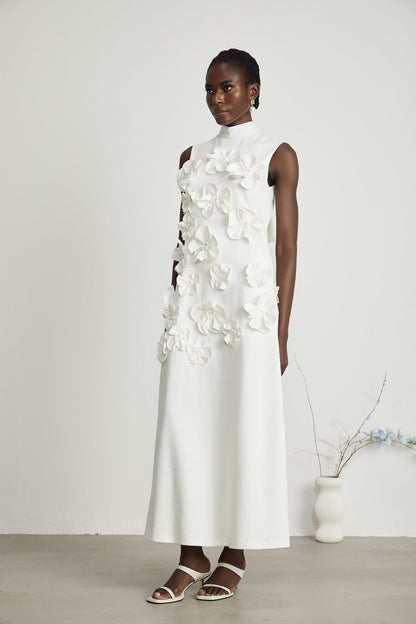 Magali White Sleeveless Maxi Dress with Faux Flower & Bow-Tie Embellishment