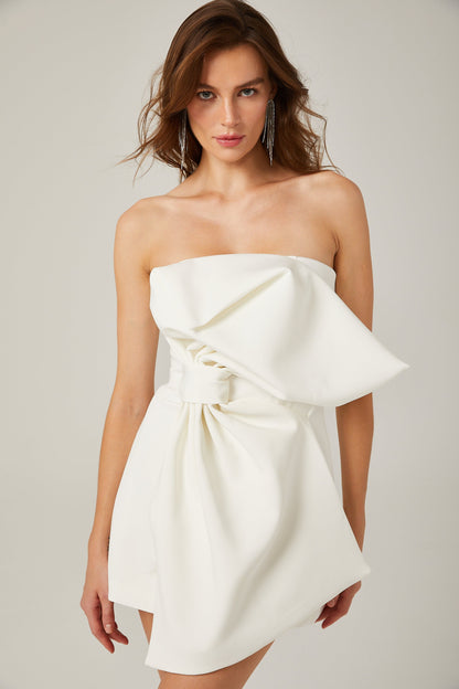Charla white oversize-bow asymmetrical mini dress