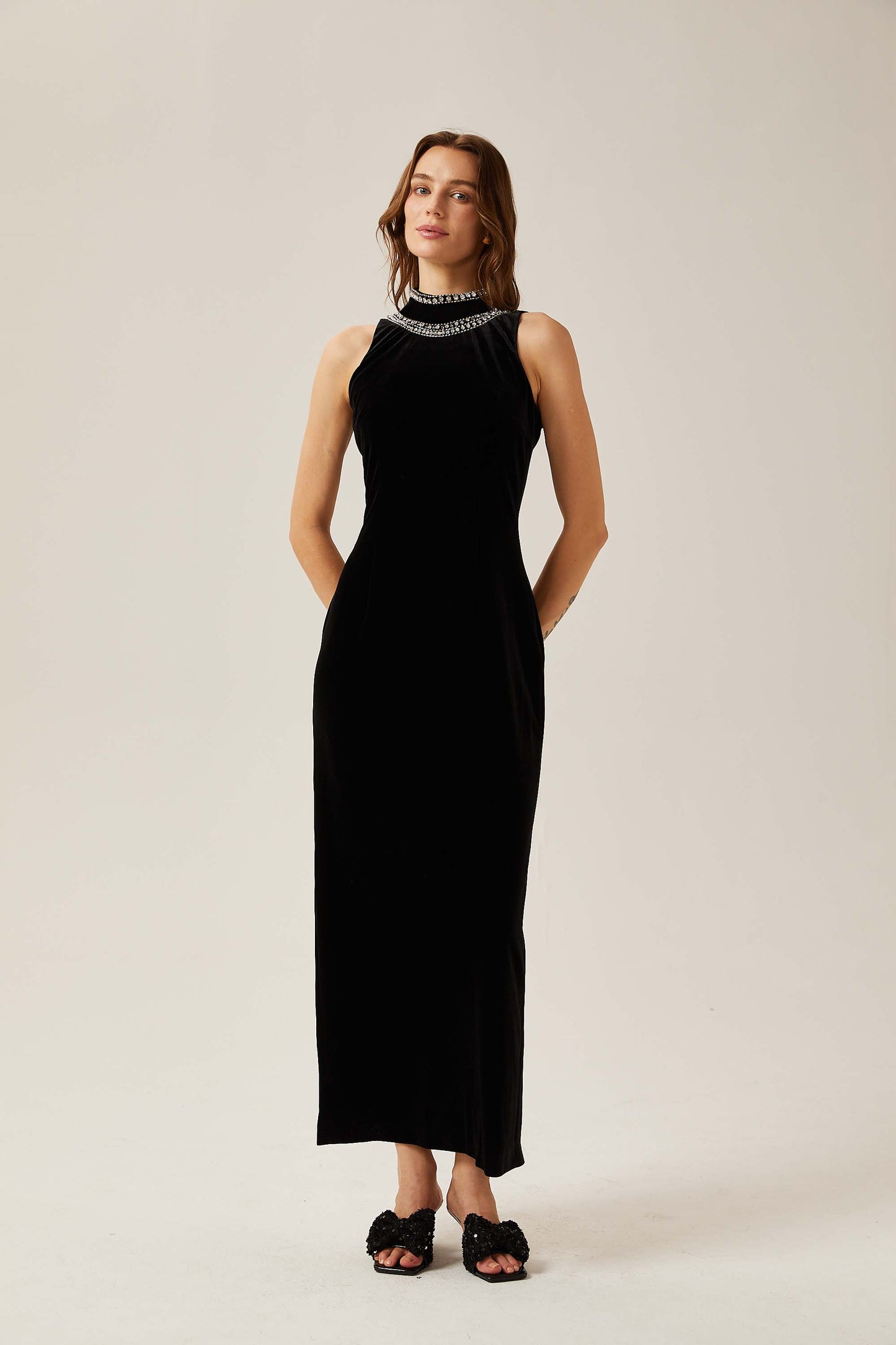 Colette black crystal-embellished velvet gown