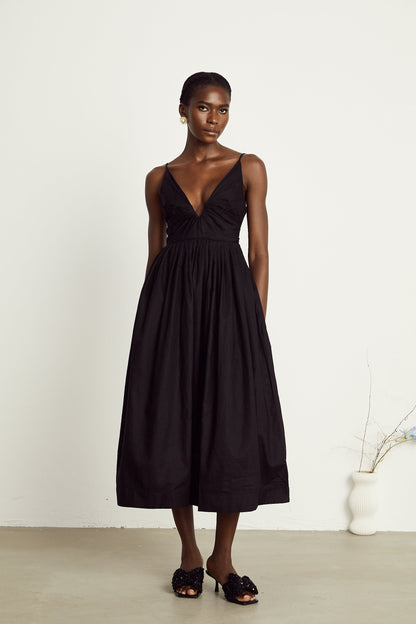 Manon black smocking pleated midi dress