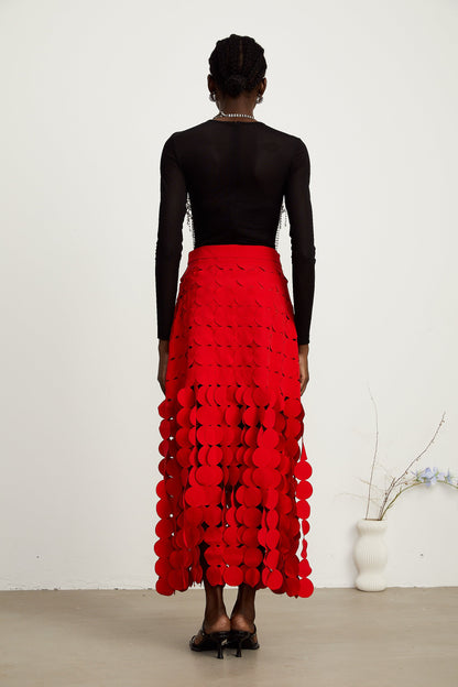 Hanna disc-design fringed maxi skirt in Red