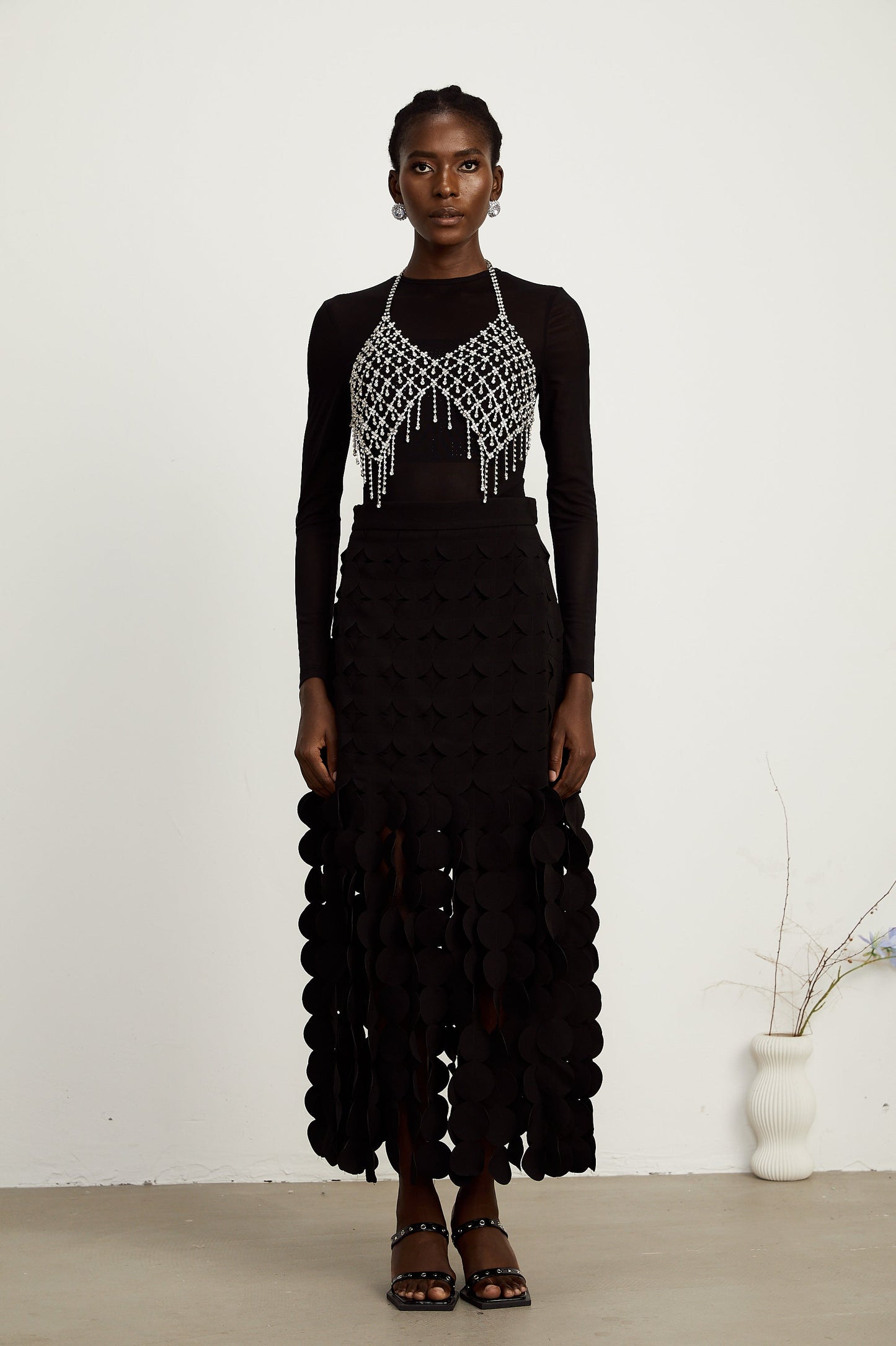 Hanna disc-design fringed maxi skirt in Black
