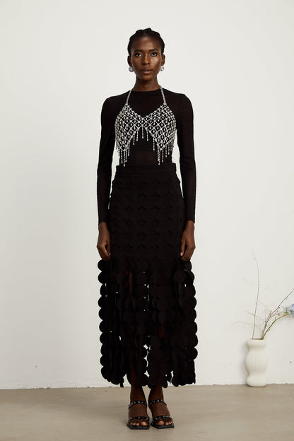 Hanna disc-design fringed maxi skirt in Black
