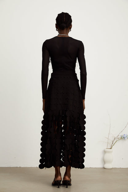 Hanna disc-design fringed maxi skirt in Black