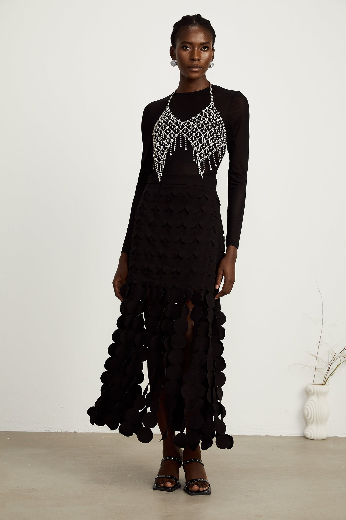 Hanna disc-design fringed maxi skirt in Black