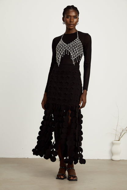Hanna disc-design fringed maxi skirt in Black