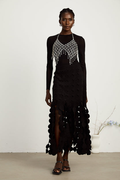 Hanna disc-design fringed maxi skirt in Black