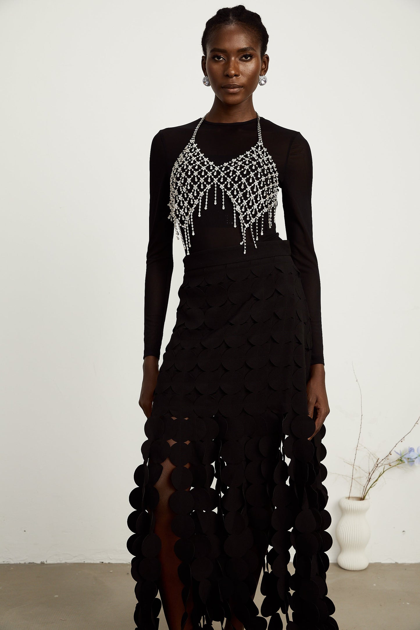 Hanna disc-design fringed maxi skirt in Black