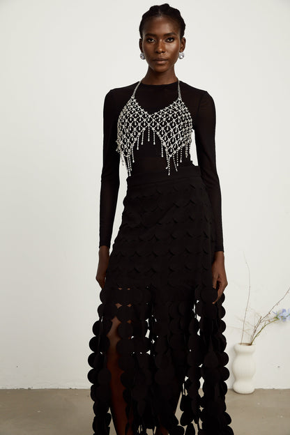 Hanna disc-design fringed maxi skirt in Black