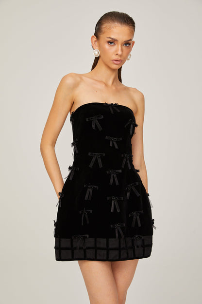 Geneviève black bow-detail mini dress