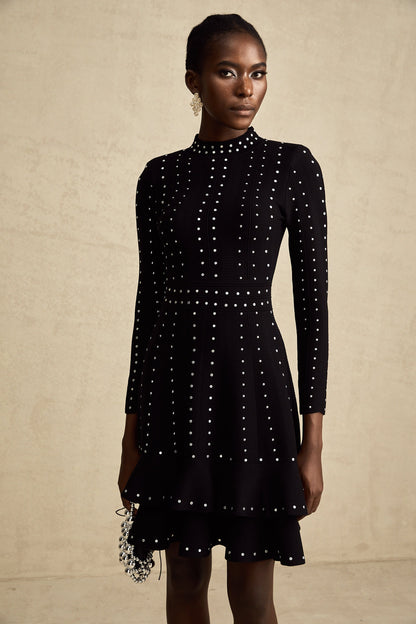 Fabienne Black Embellished Ruffled Knit Mini Dress