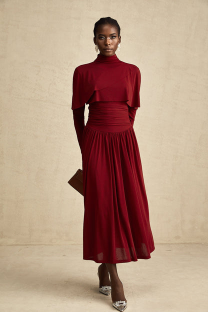 Camille Red Ruched Midi Dress with Flap Design Detail