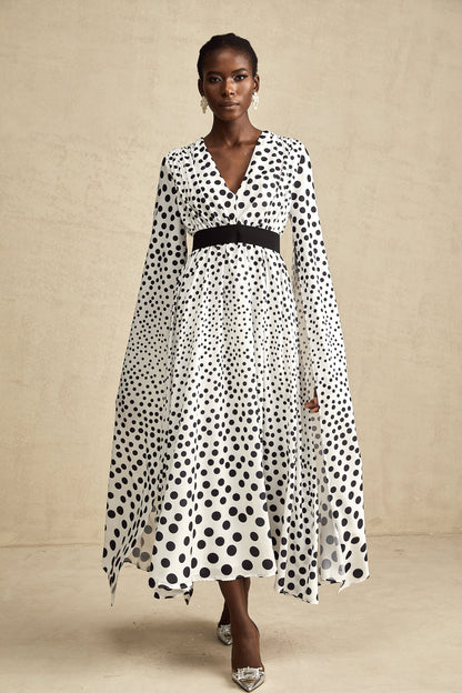 Brigitte white polka-dot slit-sleeve midi dress