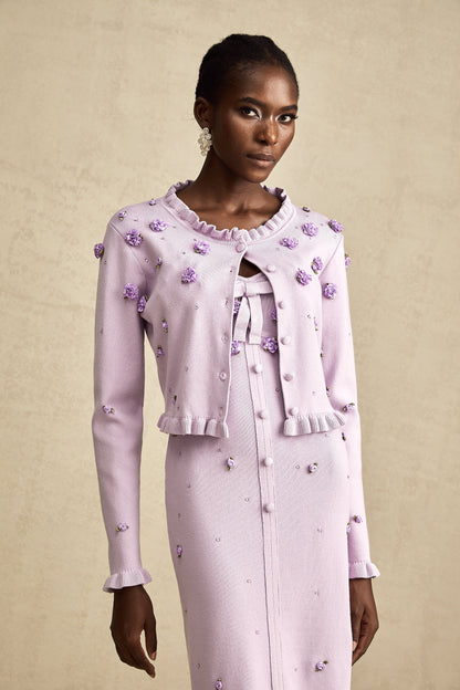 Estelle purple faux-flower knitted cardigan & dress matching set