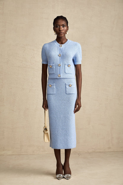 Chantal Blue Knit Two-Piece Blouse and Skirt Set