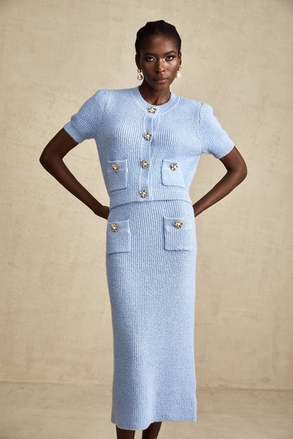 Chantal Blue Knit Two-Piece Blouse and Skirt Set