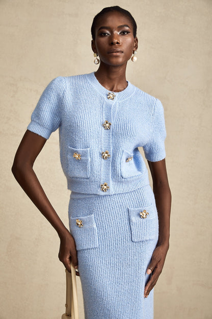 Chantal Blue Knit Two-Piece Blouse and Skirt Set