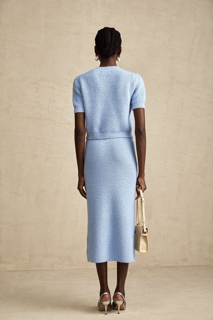 Chantal Blue Knit Two-Piece Blouse and Skirt Set