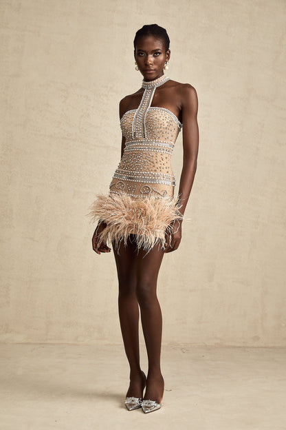 Madeleine crystal-embellished feather-trim mini dress