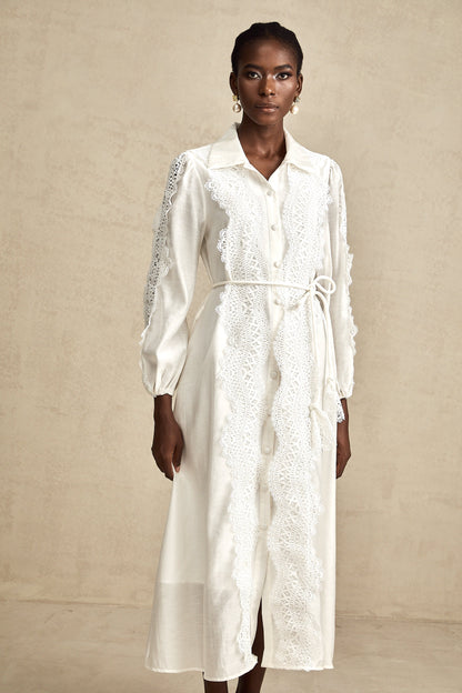 Colette white lace-detail tied-waist midi dress