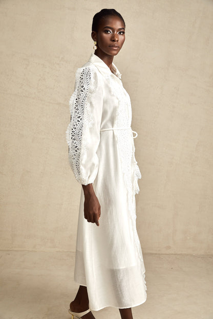 Colette white lace-detail tied-waist midi dress