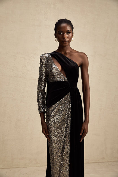 Juliette sequin-embellished asymmetrical maxi dress