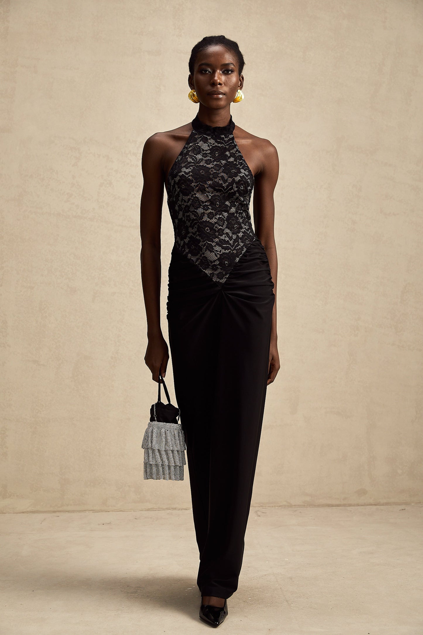 Camille black halterneck floral-lace maxi dress