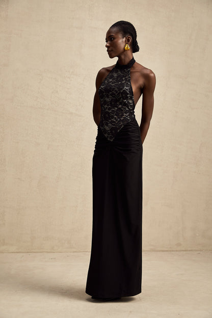 Camille black halterneck floral-lace maxi dress