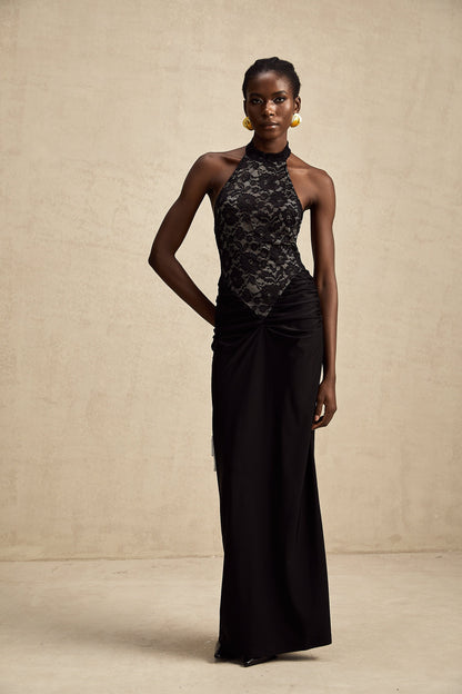 Camille black halterneck floral-lace maxi dress