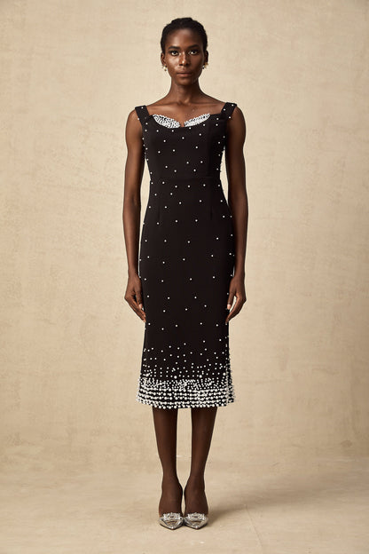 Apolline black faux-pearl embellished midi dress