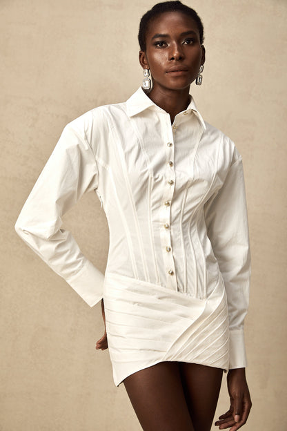 Orlane white cinched-waist pleated mini shirt dress