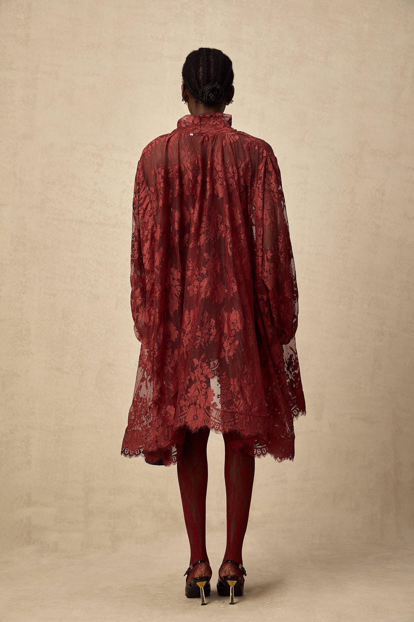 Coline red cut-out floral-lace tights