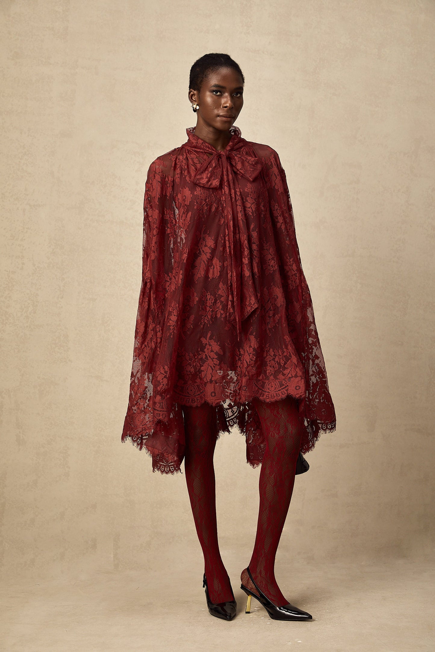 Coline red cut-out floral-lace tights