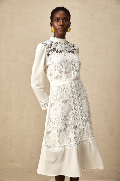 Madeleine white panelled embroidered midi dress