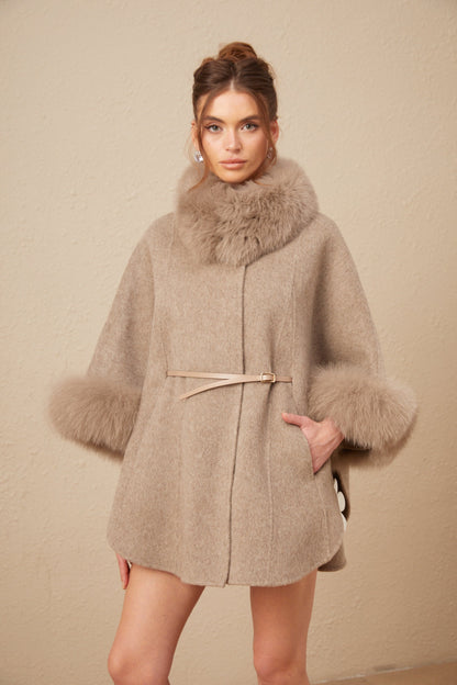 Chloris wool fur belted cape coat in Brown