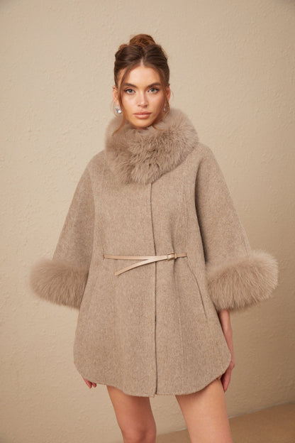 Chloris wool fur belted cape coat in Brown