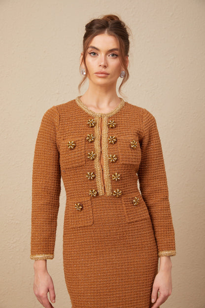 Epona brown braided-edge tweed dress