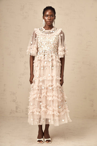 Kévina floral-embroidered tiered ruffled midi dress