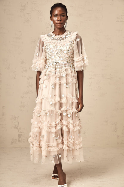 Kévina floral-embroidered tiered ruffled midi dress