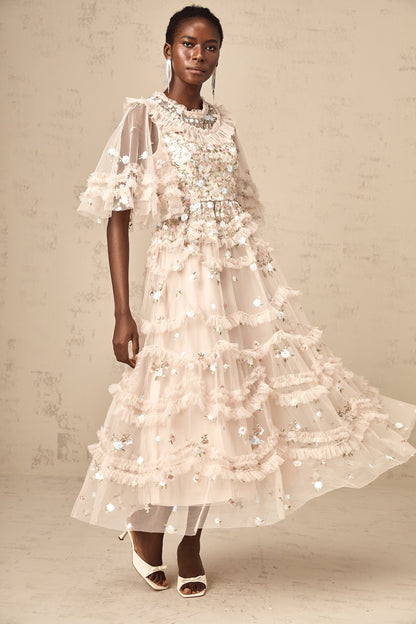 Kévina floral-embroidered tiered ruffled midi dress