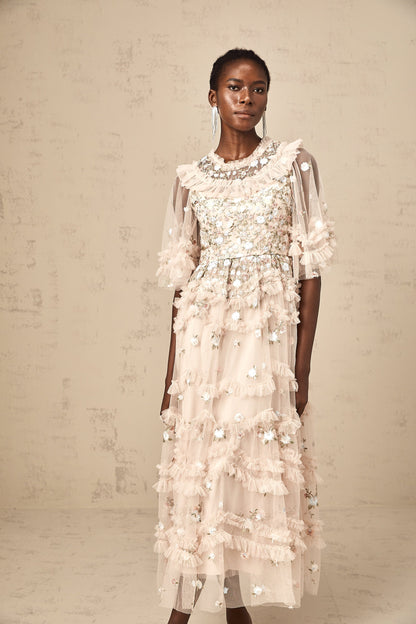 Kévina floral-embroidered tiered ruffled midi dress